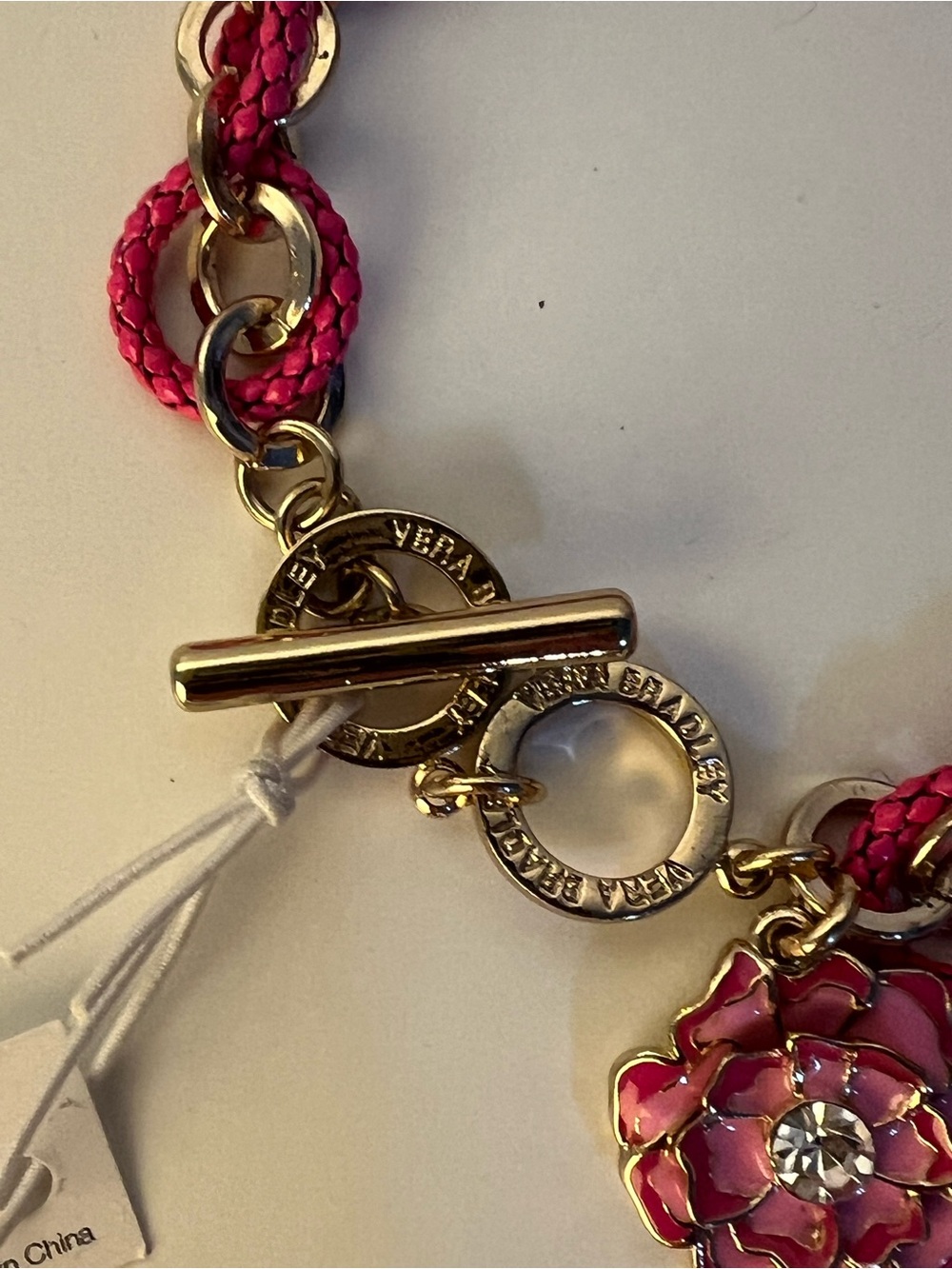 NWT Vera Bradley Hot Pink Braided Chain Bracelet with Flower Charm - Picture 2 of 7